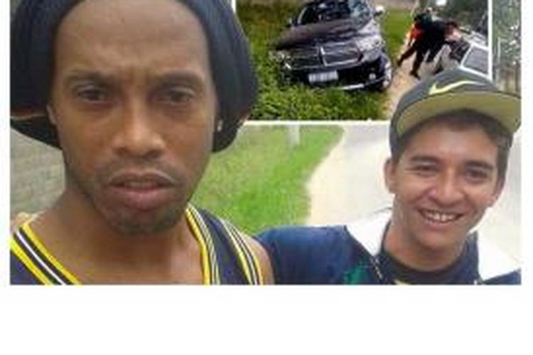 Ronaldinho (kiri) tampak murung saat selfie bersama seorang fans. Inset: mobil Ronaldinho yang terperosok di pinggir jalan.