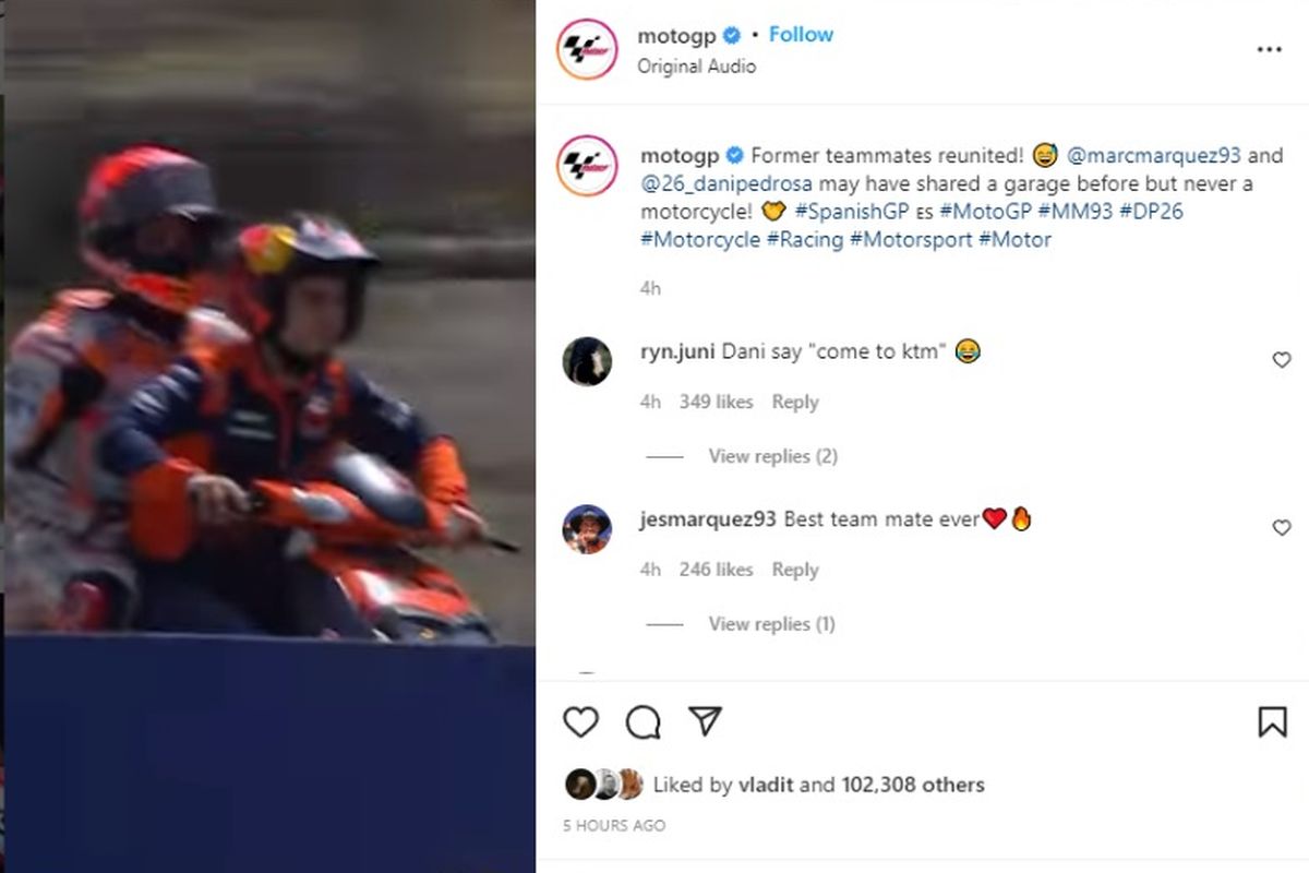 Dani Pedrosa memberi tumpangan untuk Marc Marquez pada MotoGP Spanyol 2022