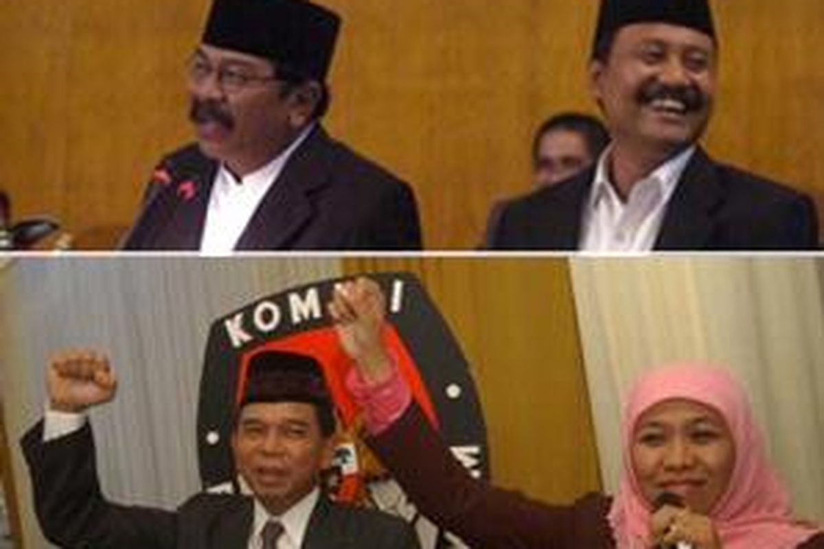 Pasangan  Soekarwo-Saifullah Yusuf (atas), akan bertarung dengan pasangan Khofifah Indar Parawangsa-Mujiono (bawah) dalam pemilihan gubernur Jawa Timur putaran kedua.