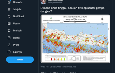 Tangkapan layar unggahan Kepala Pusat Gempa Bumi dan Tsunami Badan Meteorologi Klimatologi dan Geofisika (BMKG) Daryono yang membagikan peta seismisitas di Pulau Jawa periode 2009-Agustus 2020.