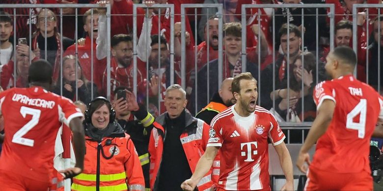 Penyerang Bayern Muenchen, Harry Kane, merayakan gol ke gawang Real Madrid. Bayern Muenchen berhasil menang 4-3 atas Real Madrid dalam duel leg kedua perempat final Liga Champions yang berlangsung akbar pada Kamis (16/4/2026) dini hari WIB.