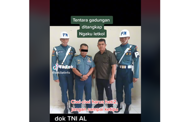 Tangkapan layar unggahan video yang menampilkan beberapa foto seorang pria mengenakan atribut TNI AL. Pria tersebut merupakan prajurit TNI AL gadungan yang mengaku berpangkat letnan kolonel (Letkol).
