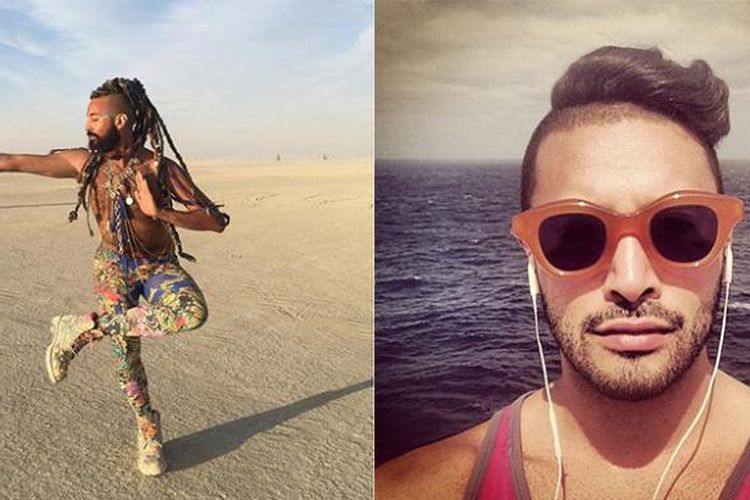 Pangeran Fahad saat menghadiri festival Burning Man tahun 2015 (kiri). Dia juga suka bereksperimen dengan kaya rambut.