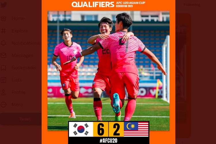 Tangkapan layar hasil laga Korea Selatan vs Malaysia di Grup E Kualifikasi Piala Asia U20 2023. Korea Selatan menang 6-2 dan menjadi tim pertama yang lolos dari babak kualifikasi. (Sumber foto: Tangkapan layar Twitter AFC Asian Cup/@afcasiancup)