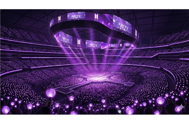 Ilustrasi suasana venue konser BTS world tour 2026 dengan panggung 360 derajat dan purple ocean.