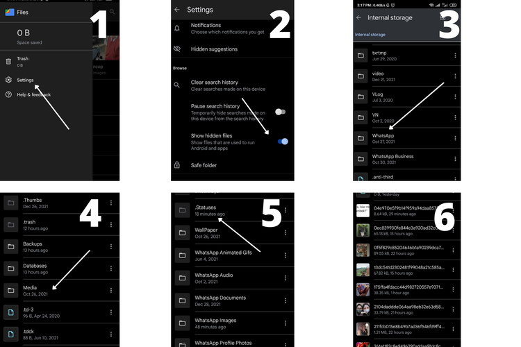 Ilustrasi cara simpan status WA via Google Files.