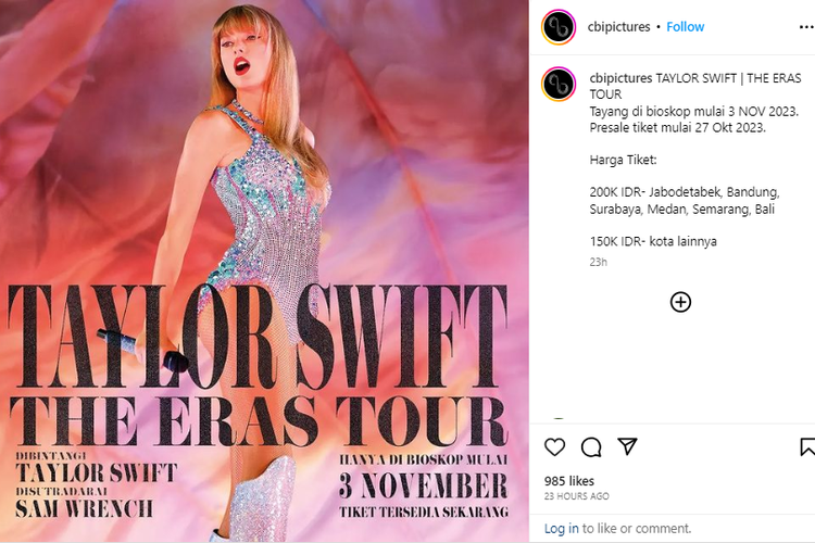 Poster film Taylor Swift The Eras Tour di Indonesia, tayang mulai 3 November 2023.