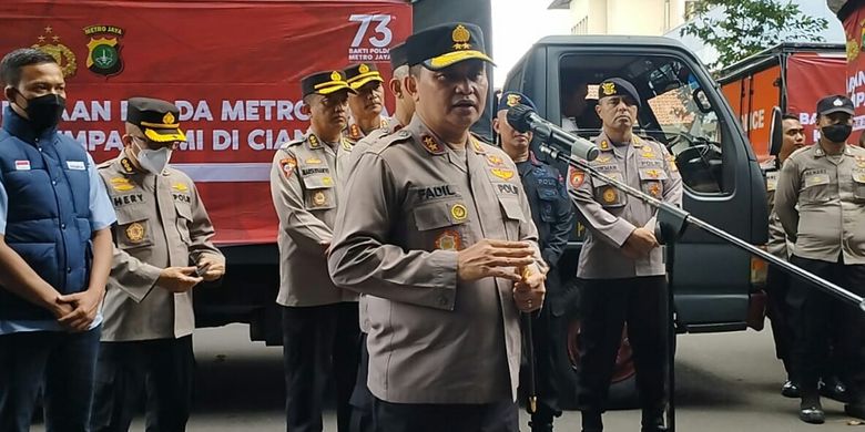Jakarta Police Chief Inspector General Fadil Imran speaks during a ceremony as police personnel will leave for the city of Cianjur in West Java to distribute assistance to the quake victims on Thursday, November 24, 2022.   