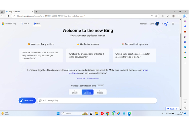 Tangkapan layar chatbot AI Bing yang sudah bisa dicoba semua pengguna.