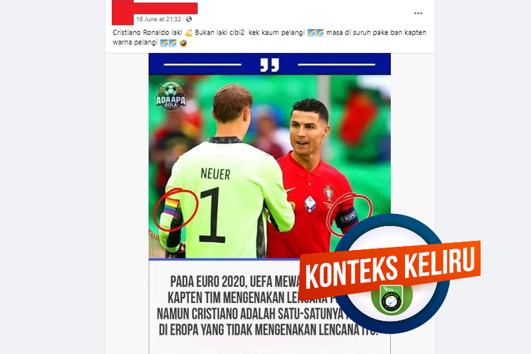 Tangkapan layar Facebook narasi yang menyebut Ronaldo sebagai satu-satunya pemain yang tidak memakai ban kapten Pelangi di Eurp 2020