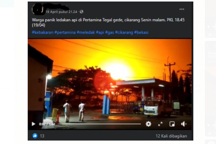 Tangkapan layar unggahan yang memperlihatkan adanya api membumbung ke langit diduga akibat kebakaran di Pertamina Tegal Gede, Cikarang.