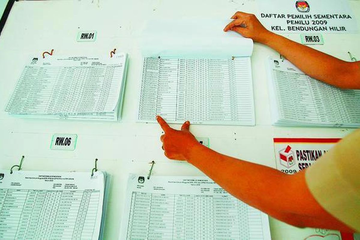 Pegawai di kantor Kelurahan Bendungan Hilir, Kecamatan Tanah Abang, Jakarta, menunjukkan Daftar Pemilih Sementara (DPS) Pemilihan Umum 2009, yang terpasang di depan kantor, Selasa (12/8). Warga yang namanya belum masuk DPS dapat segera mendaftar ke Panitia Pemungutan Suara di kelurahan masing-masing agar bisa menggunakan hak memilih dalam Pemilu 2009.  