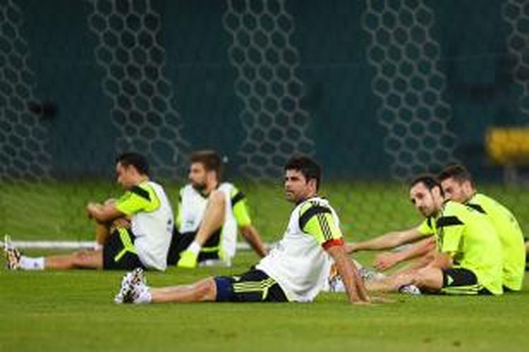 Striker timnas Spanyol, Diego Costa, ketika sesi latihan di Robert F. Kennedy Stadium, Rabu (4/6/2014).