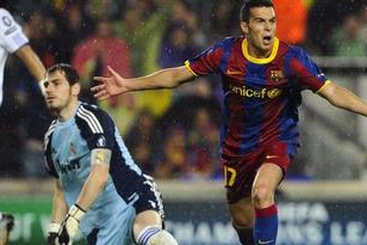 Ekspresi penyerang Barcelona, Pedro Rodriguez usai membobol gawang Real Madrid di leg kedua semifinal Liga Champions, Selasa (3/5/2011). Pertandingan tersebut berakhir imbang 1-1. Namun, Barca-lah yang berhasil melangkah ke final dengan unggul agregat 3-1. 
