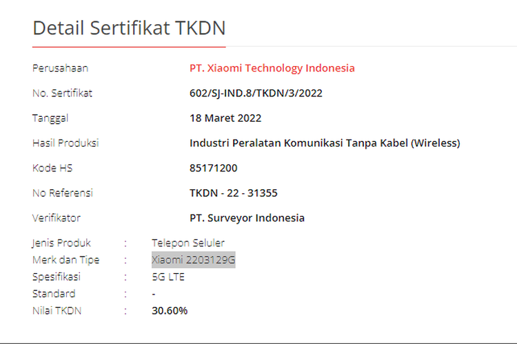 Perangkat dengan nomor sertifikat 602/SJ-IND.8/TKDN/3/2022 diduga kuat merupakan Xiaomi 12 Lite.