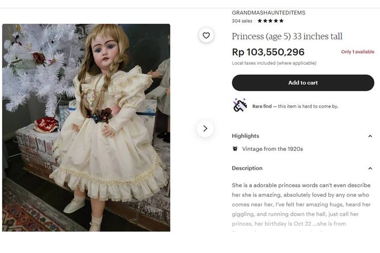 Tangkapan layar laman Etsy tentang harga spirit doll