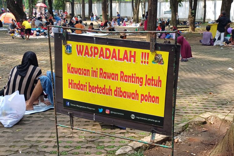 Plang pengumuman yang menandakan bahwa wilayah tersebut rawan ranting atau dahan jatuh di Taman Margasatwa Ragunan, Rabu (17/4/2024).