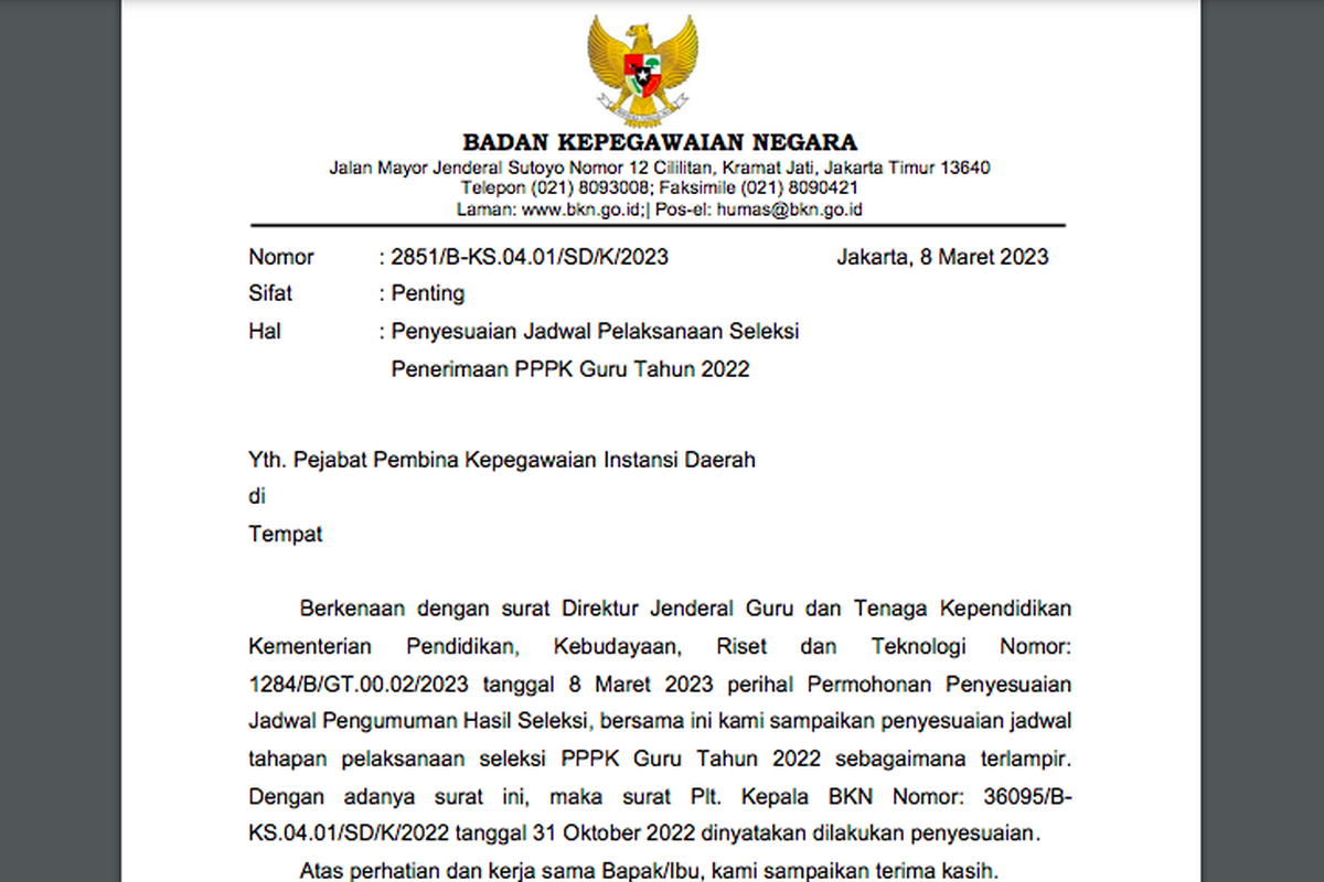 Tangkapan layar jadwal terbaru pelaksanaan seleksi PPPK Guru 2022, yang direncanakan seluruh tahapannya akan selesai pada Mei 2023.