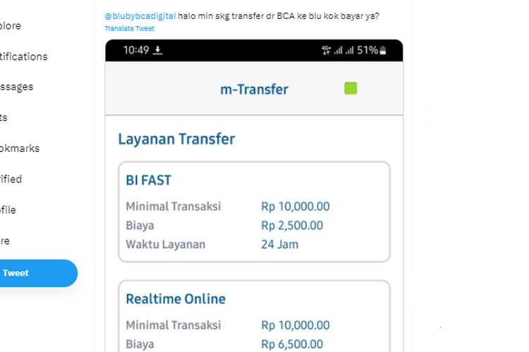 Tangkapan layar twit soal transfer BCA ke Blu dikenakan biaya