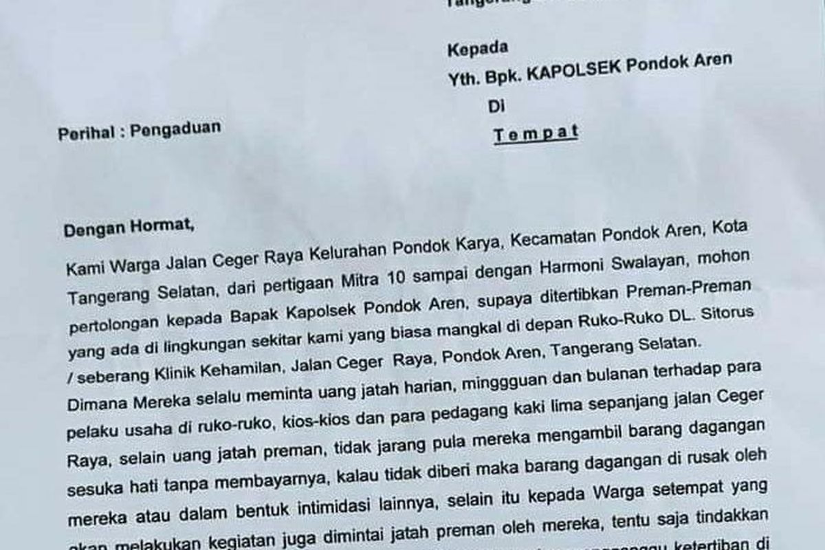 Tangkapan layar surat keluhan warga dan pedagang terkait adanya pelaku premanisme yang melakukan pungutan liar di Pondok Aren, Tangerang Selatan.