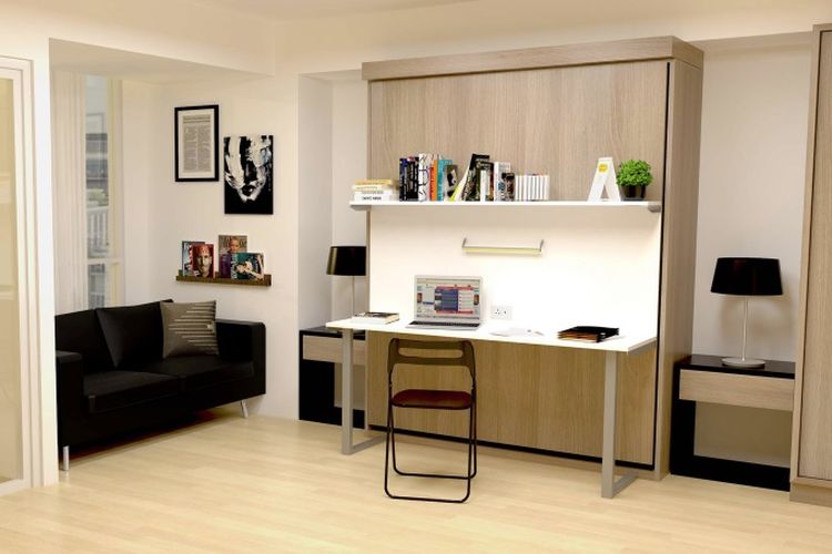 Produk Wallbed dari Enduro Business Furniture yang dapat mengubah ranjang menjadi meja dan rak.