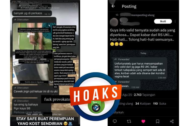 Tangkapan layar unggahan dan pesan berantai mengenai adanya korban perkosaan yang dirawat di RSU UKI.