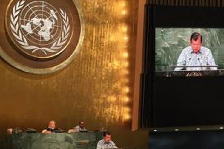 Wakil Presiden Jusuf Kalla berpidato di hadapan Sidang Majelis Umum PBB di Markas PBB, New York, Amerika Serikat, Sabtu (3/10/2015).