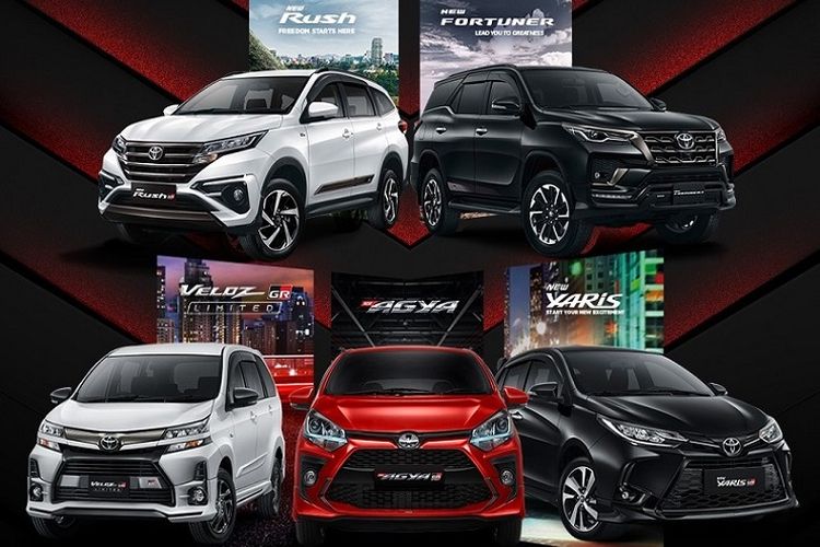 Berbagai seri Toyota GR (dari kiri atas ke kiri bawah): Rush GR Sport, Fortuner GR Sport, Yaris GR Sport, Agya GR Sport, dan Veloz GR Limited.
