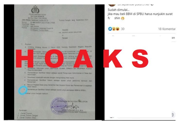 Beredar surat diklaim dari kepolisian di Aceh bahwa membeli BBM harus menunjukkan sertifikat vaksinasi. Informasi ini tidak benar.