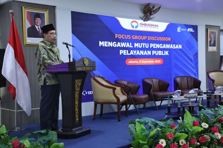 Ketua Ombudsman Republik Indonesia (ORI) Mokhammad Najih dalam Forum Group Discussion (FGD) Mengawal Mutu Pengawasan Pelayanan Publik, Selasa (9/12/2025).