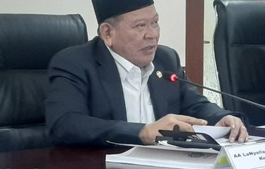 Ketua Dewan Perwakilan Daerah (DPD) La Nyalla Mattalitti dalam acara public expose big data DPD di Kompleks Parlemen, Jakarta, Kamis (14/4/2022).