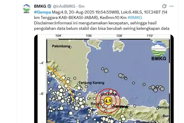 GEMPA: BMKG melaporkan adanya gempa magnitudo 4,9 di Bekasi, Jawa Barat, pada Rabu (20/8/2025) malam.