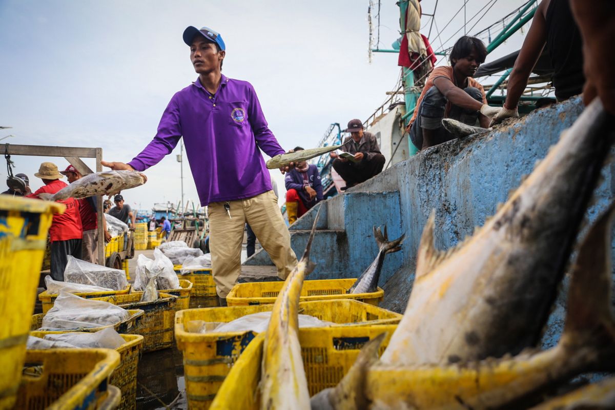 Pekerja memindahkan ikan tangkapan dari kapal untuk dilelang di Tempat Pelelangan Ikan Muara Angke, Jakarta Utara, Rabu (10/1/2018). Kementerian Kelautan dan Perikanan menaikan target perikanan tangkap tahun 2018 sebesar 9,45 juta ton dari target tahun sebelumnya yang hanya sebesar 7,8 juta ton.