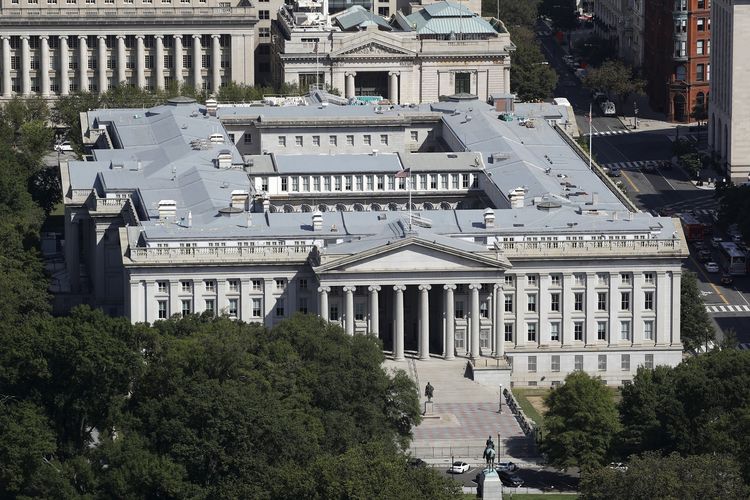 Gedung Kementerian Keuangan Amerika Serikat jika dilihat dari Washington Monument. Foto diambil pada 18 September 2019.