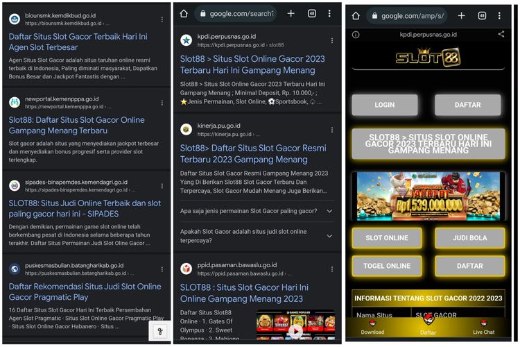 Tangkapan layar beberapa situs pemerintahan dengan domain go.id yang disusupi situs slot gacor alias situs judi online.
