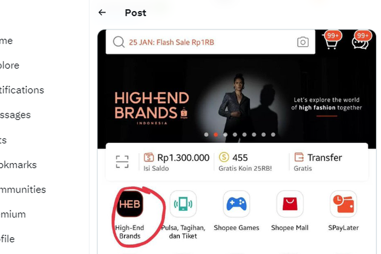 Tangkapan layar unggahan soal Shopee High-End Brands di aplikasi