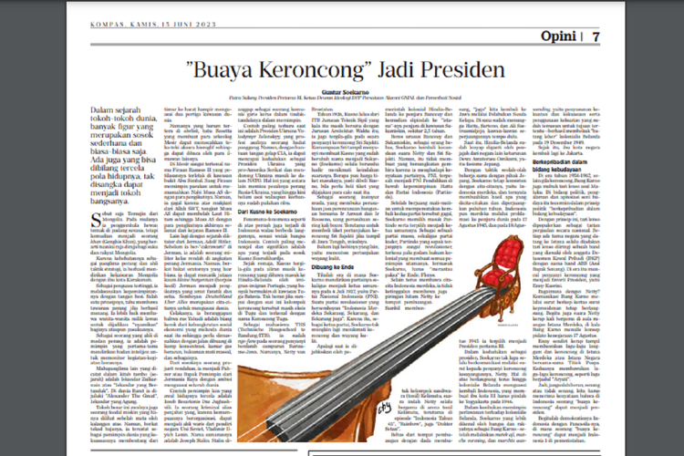 Tangkap layar artikel opini Guntur Soekarno, Buaya Keroncong Jadi Presiden, di harian Kompas edisi Kamis (15/6/2023).