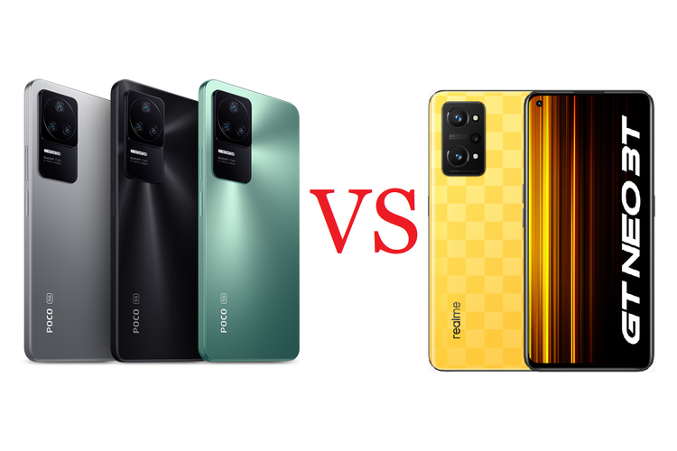 Ilustrasi perbandingan spesifikasi Poco F4 (kiri) vs Realme GT Neo 3T (kanan).