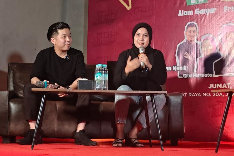 Juru Bicara Muda Tim Pemenangan Nasional (TPN) Ganjar Pranowo-Mahfud MD, Gita Permata dalam diskusi di kawasan Tebet, Jakarta Selatan, Jumat (8/12/2023).