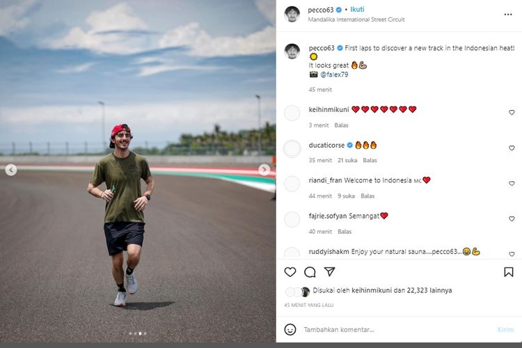 Francesco Bagnaia menggunggah foto sedang lari kecil di dalam trek Sirkuit Mandalika.