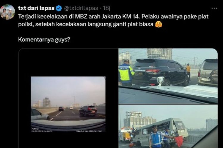 Tangkapan layar kecelakaan beruntun di Tol MBZ yang melibatkan mobil dinas Polda Jabar dengan mikrobus, Senin (6/5/2024) pagi.