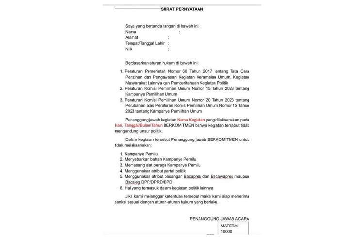 Contoh blanko surat pernyataan yang ditandatangani Budayawan Butet Kertaredjasa.