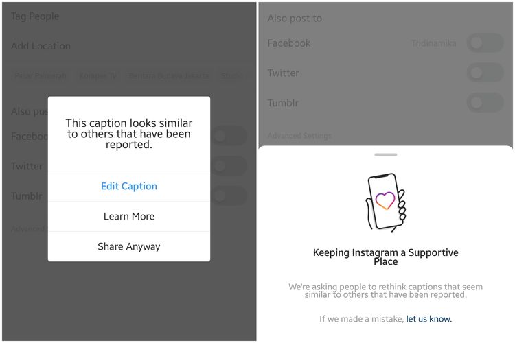 Jendela peringatan Caption Warning di Instagram yang bakal muncul ketika caption yang pengguna ketikkan mengandung kata-kata berbau negatif.