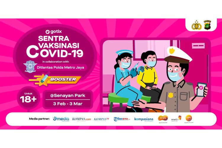 Vaksinasi Mitra Gojek di Sentra Vaksinasi GoTix dan Ditlantas Polda Metro Jaya di Jakarta (3/2), disaksikan oleh Direktur Lalu Lintas Polda Metro Jaya, Kombes Pol. Sambodo Yugo Purnomo, Kabid Dokter dan Kesehatan (Dokkes) Polda Metro Jaya, Kombes Pol. Didiet Setioboedi, dan Head of GoTix Bagus Utama. Perkuat Kekebalan Masyarakat, GoTix dan Ditlantas Polda Metro Jaya selenggarakan Sentra Vaksinasi Booster di Senayan Park dari 3 Februari - 3 Maret 2022 bagi masyarakat yang telah menerima undangan vaksinasi ketiga.