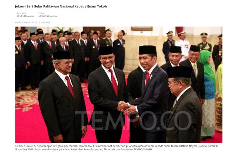 Tangkapan layar foto Jokowi berjabat tangan dengan Anies di artikel Tempo, 8 November 2018