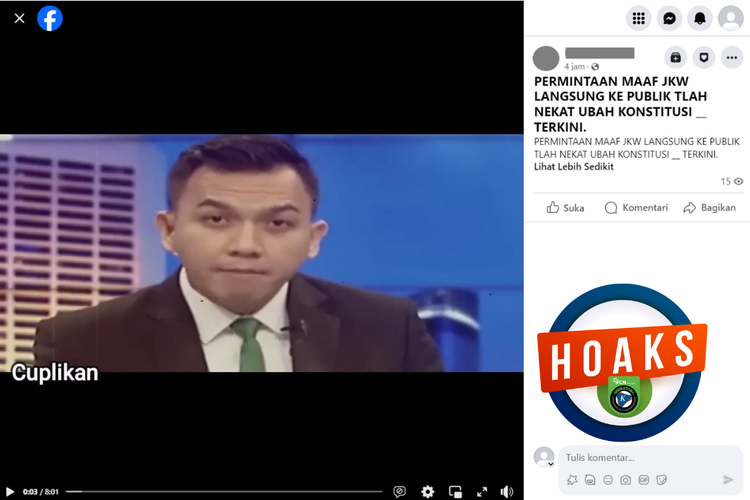 Tangkapan layar unggahan dengan narasi hoaks di sebuah akun Facebook, Jumat (17/11/2023), soal permintaan maaf Jokowi karena telah mengubah konstitusi.