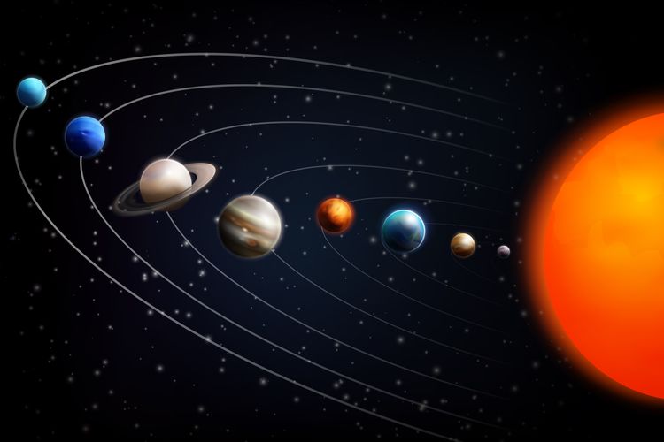 Ilustrasi planet. Fenomena langka konjungsi lima planet sejajar di langit.