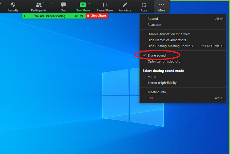 Menu share sound di Zoom untuk mengaktifkan suara yang disajikan melalui fitur Share Screen.