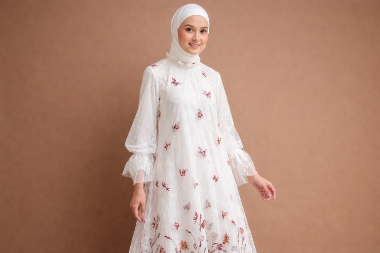 Gamis Putih dengan Detail Brokat Floral