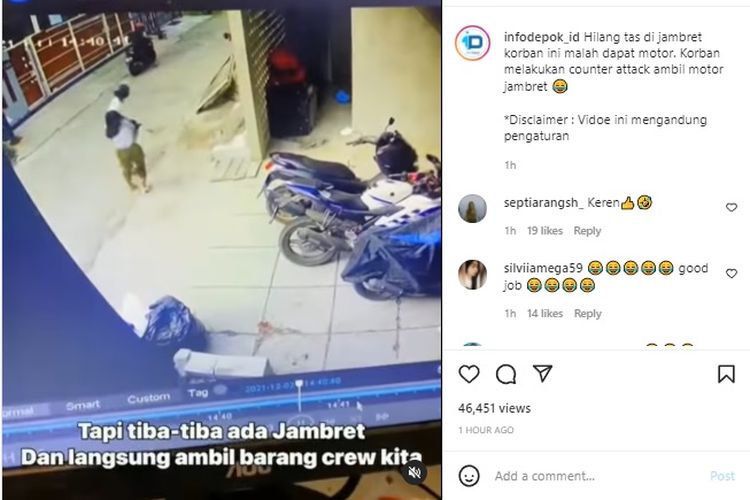 Seorang perempuan yang dijambret kemudian melawan dan malah akhirnya membawa motor penjambret.